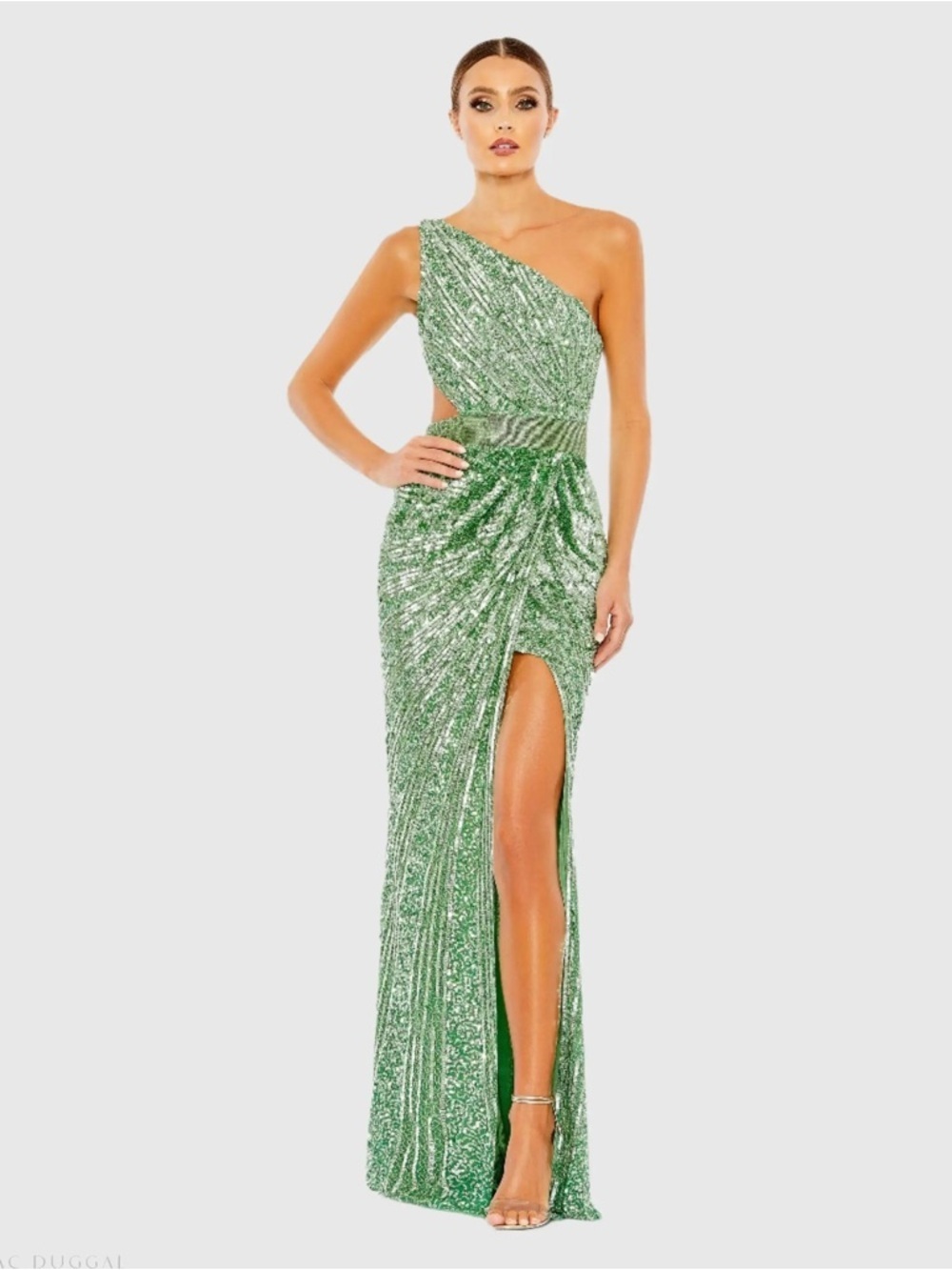 Mac Duggal 5687 Green Sequined One Shoulder Draped Lace Up Gown Size 4 NWT
